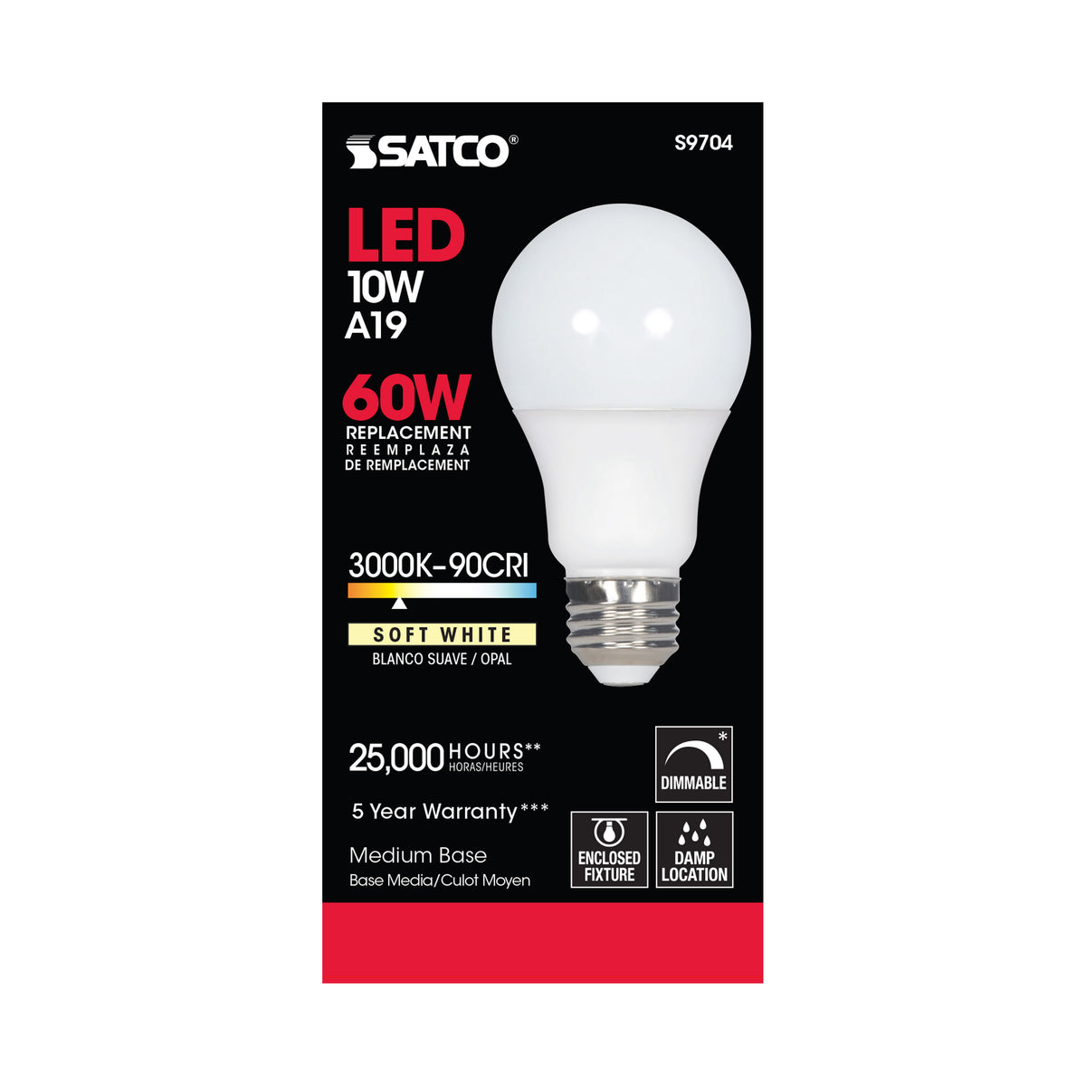 10 Watt - A19 LED - 3000K - Medium base - 220 deg. Beam Angle - 90CRI - 120 Volt
