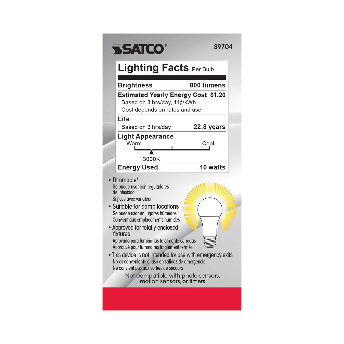 10 Watt - A19 LED - 3000K - Medium base - 220 deg. Beam Angle - 90CRI - 120 Volt
