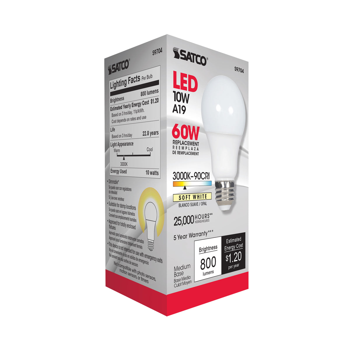 10 Watt - A19 LED - 3000K - Medium base - 220 deg. Beam Angle - 90CRI - 120 Volt