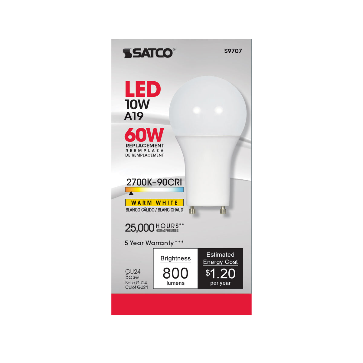 10 Watt - A19 LED - 2700K - GU24 base - 220 deg. Beam Angle - 90CRI - 120 Volt