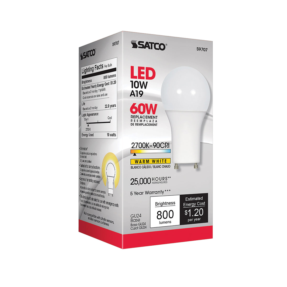 10 Watt - A19 LED - 2700K - GU24 base - 220 deg. Beam Angle - 90CRI - 120 Volt