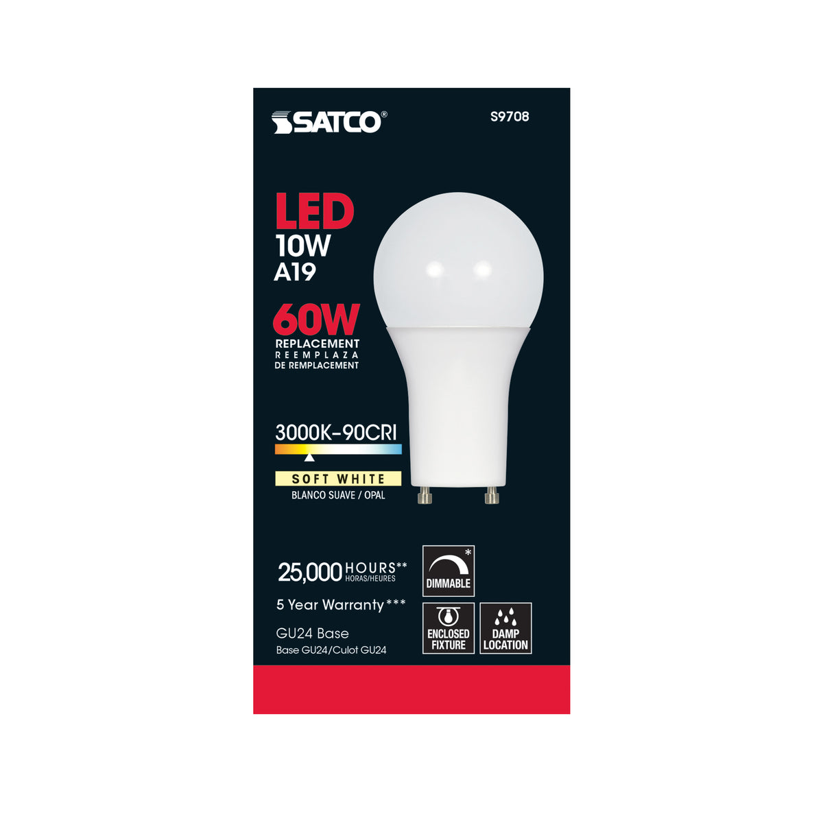 10 Watt - A19 LED - 3000K - GU24 base - 220 deg. Beam Angle - 90CRI - 120 Volt