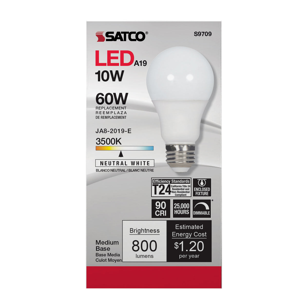 10 Watt - LED A19 - 3500K - Medium base - 120 Volt - 90 CRI