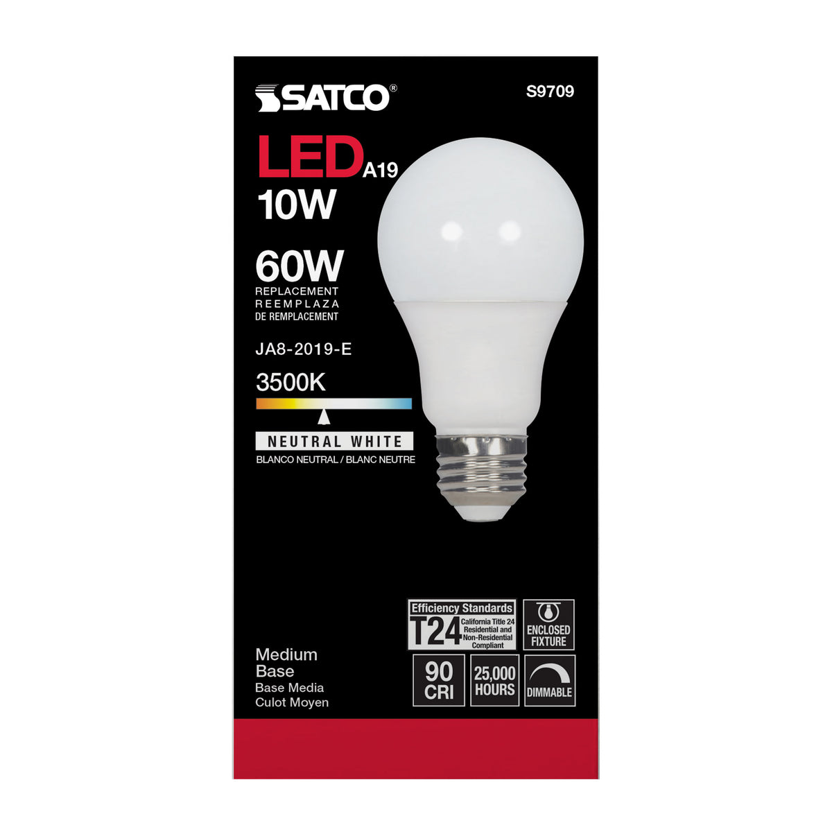 10 Watt - LED A19 - 3500K - Medium base - 120 Volt - 90 CRI