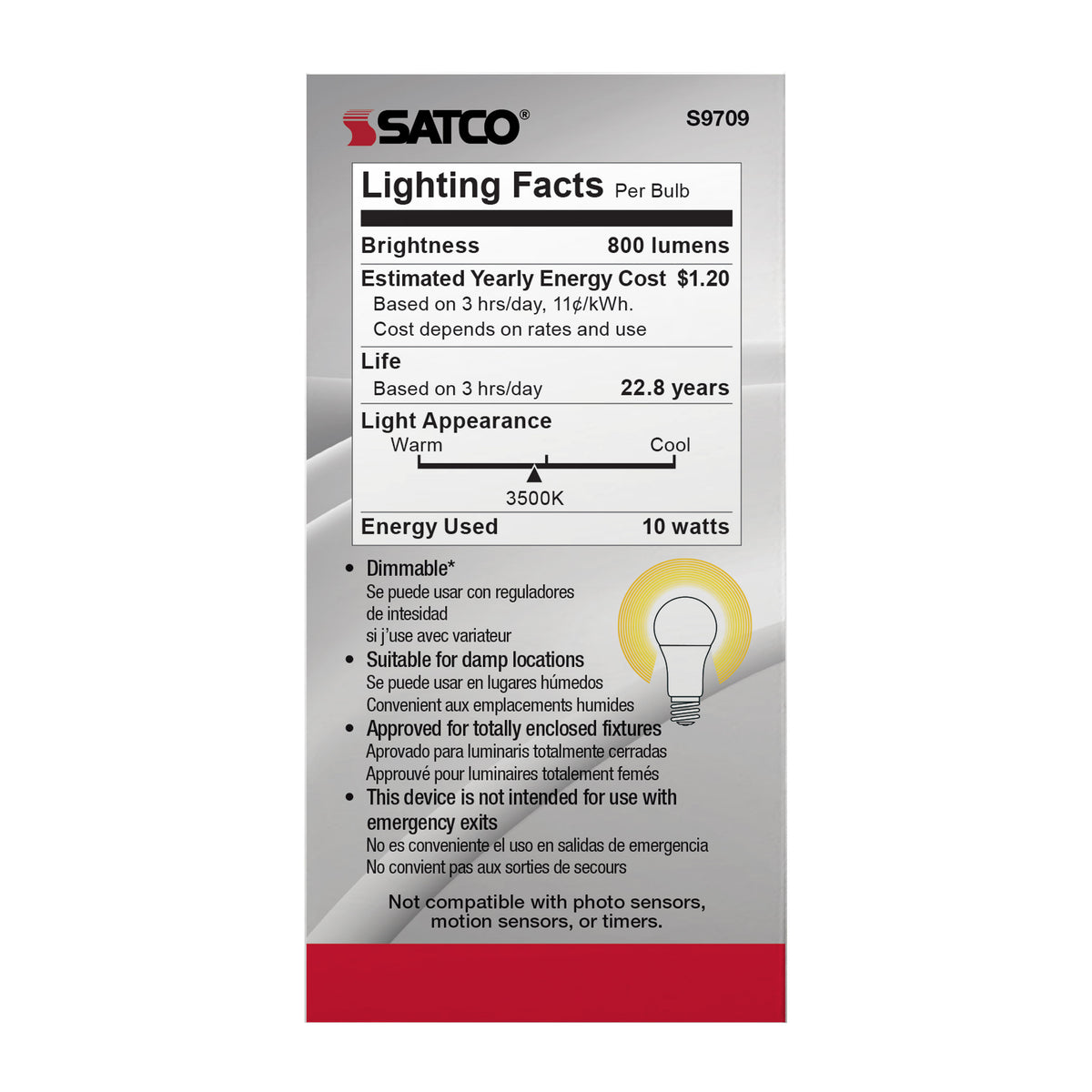 10 Watt - LED A19 - 3500K - Medium base - 120 Volt - 90 CRI