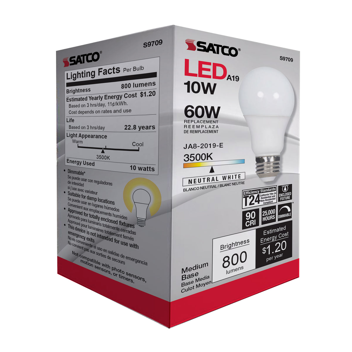 10 Watt - LED A19 - 3500K - Medium base - 120 Volt - 90 CRI