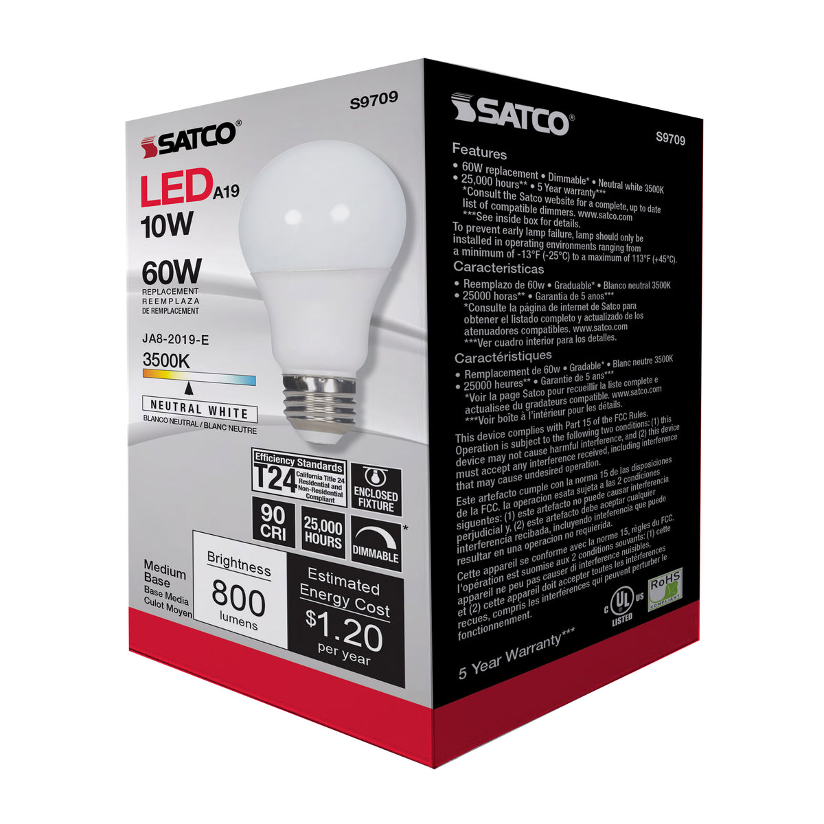 10 Watt - LED A19 - 3500K - Medium base - 120 Volt - 90 CRI