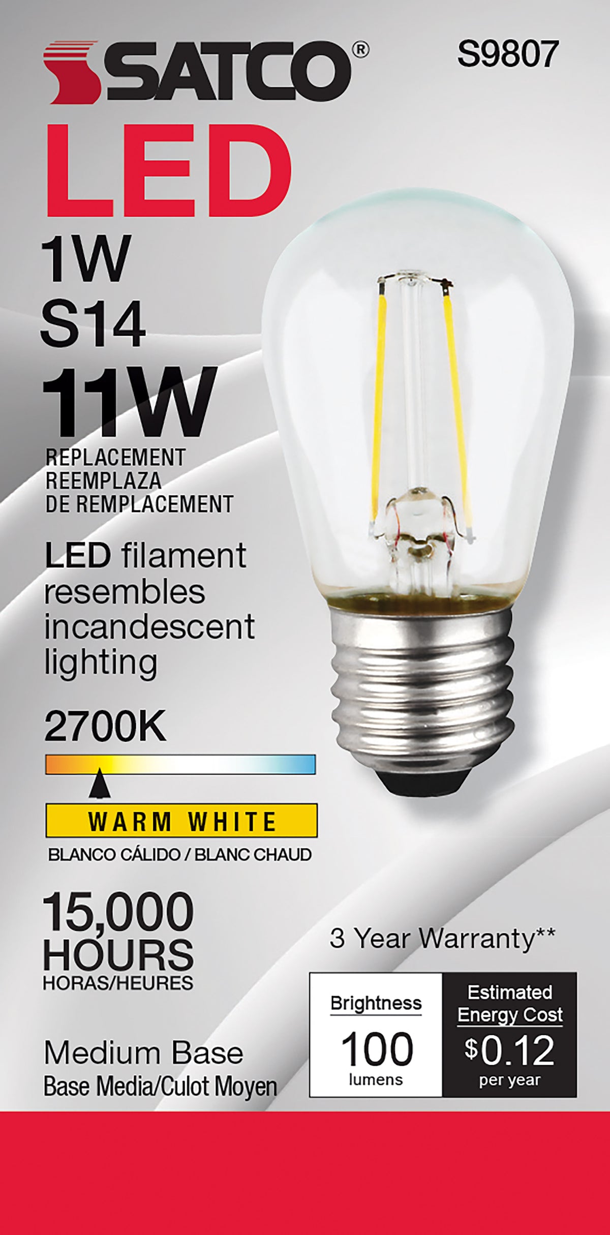 1 Watt LED Filament - S14 - Clear - Medium base - 2700K - 120 Volt