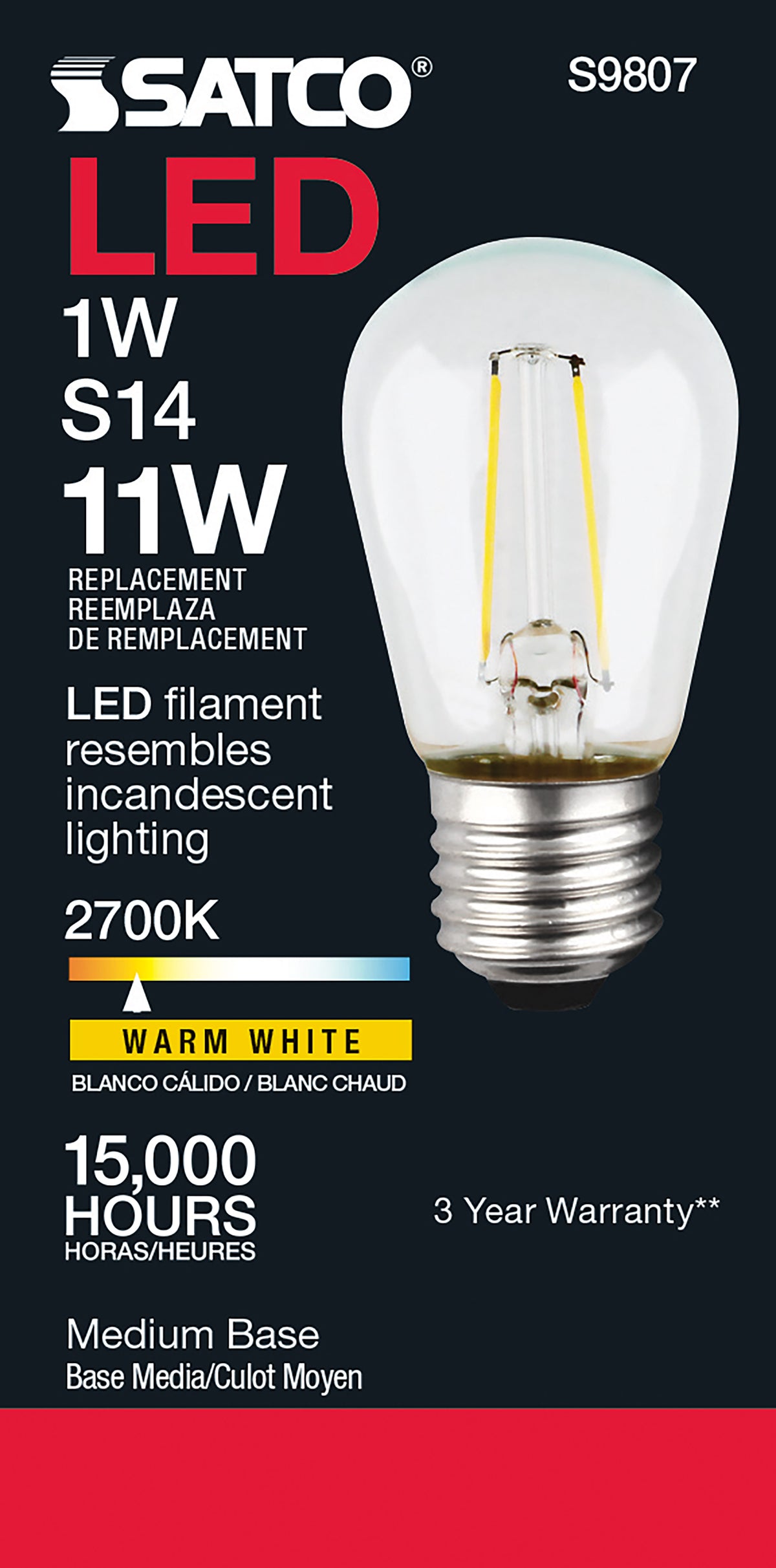 1 Watt LED Filament - S14 - Clear - Medium base - 2700K - 120 Volt
