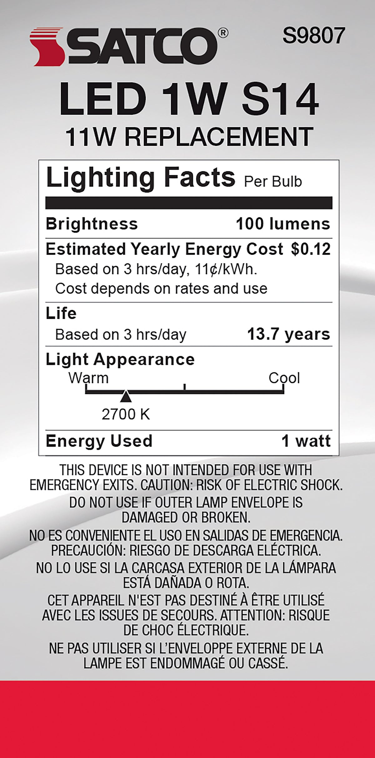 1 Watt LED Filament - S14 - Clear - Medium base - 2700K - 120 Volt