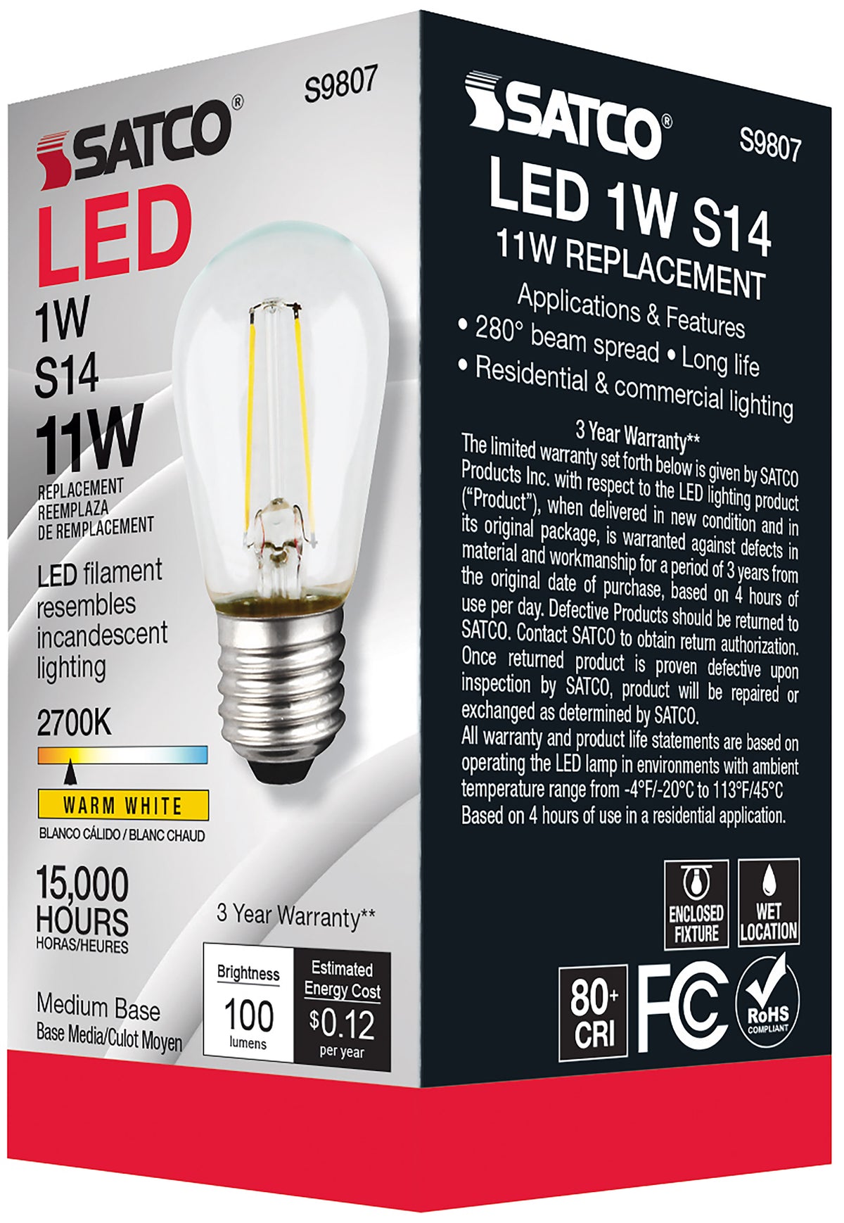 1 Watt LED Filament - S14 - Clear - Medium base - 2700K - 120 Volt