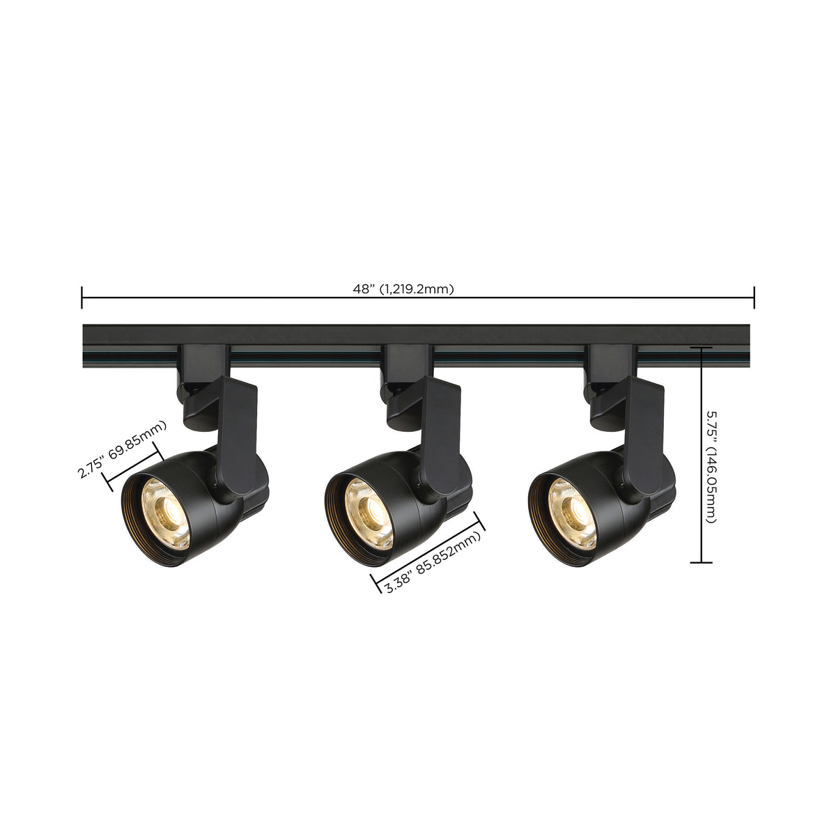 3 Light - Track Lighting Kit - 12 Watt LED per Head - 3000K - 4 foot Track - 36 degree - Round shape with angle arm - Black finish - H-Style
