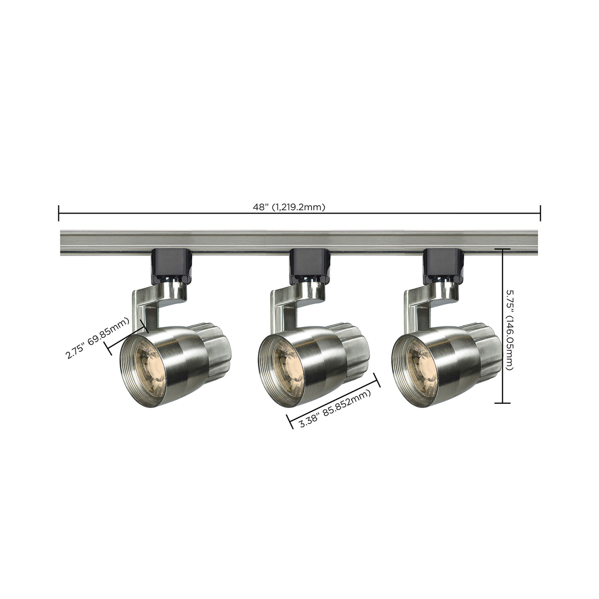 3 Light - Track Lighting Kit - 12 Watt LED per Head - 3000K - 4 foot Track - 36 degree - Round shape with angle arm - Brushed Nickel finish - H-Style