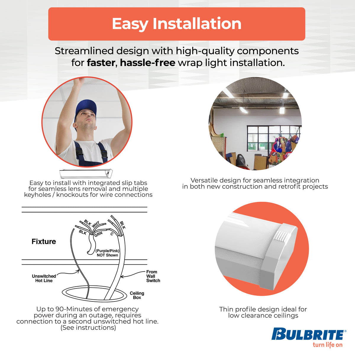 Bulbrite 24'' LED Wraparound Light, Battery Backup, Color Selectable, 20W, 2700K/3000K/3500K/4000K/5000K, Hard Wired, White Finish, Dimmable