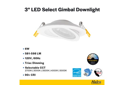 ProLED Select Direct Fit Gimbal Downlight 3in 6W 2700-5000K Color Selectable 90Deg Tilt Dimmable T20 JA-8