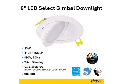 ProLED Select Direct Fit Gimbal Downlight 6in 13W 2700-5000K Color Selectable 90Deg Tilt Dimmable T20 JA8