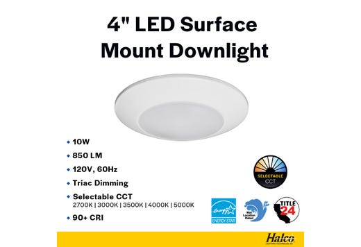LED Surface Mount Downlight 4in 10W 850 Lumens 27/30/35/40/50K Color Select 120V Triac Dim
