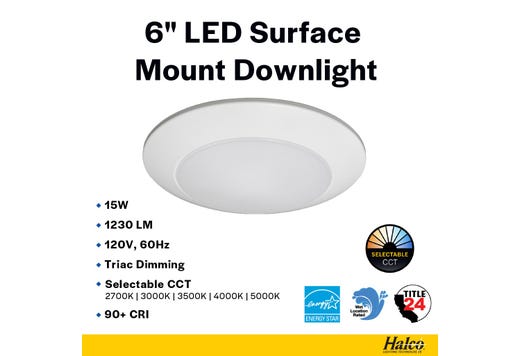 LED Surface Mount Downlight 6in 15W 1230 Lumens 27/30/35/40/50K Color Select 120V Triac Dim