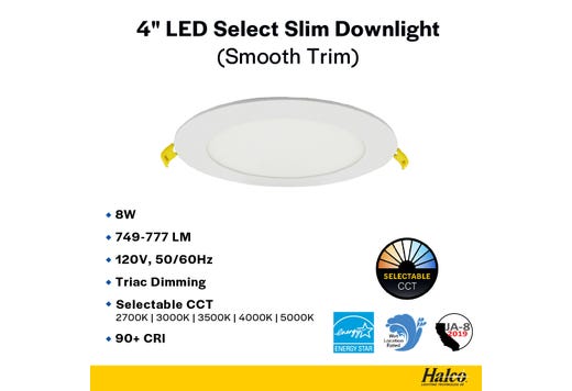 LED Select Slim Downlight 4in 8W Smooth Trim 2700K-5000K Color Selectable 749-777lm Dimmable JA-8