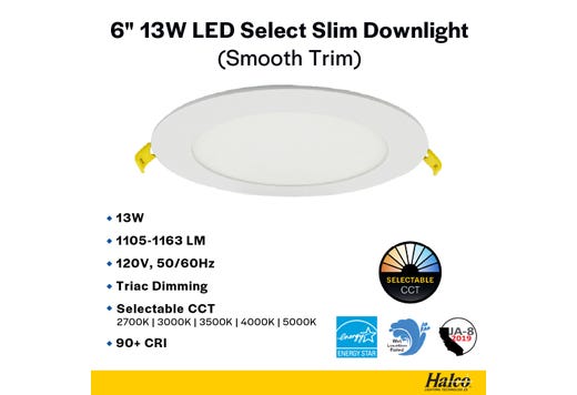 LED Select Slim Downlight 6in 13W Smooth Trim 2700K-5000K Color Selectable 1105-1163lm Dimmable JA-8