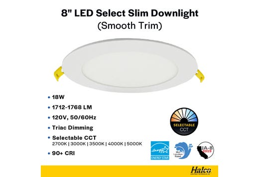 LED Select Slim Downlight 8in 18W Smooth Trim 2700K-5000K Color Selectable 1712-1768lm Dimmable JA-8