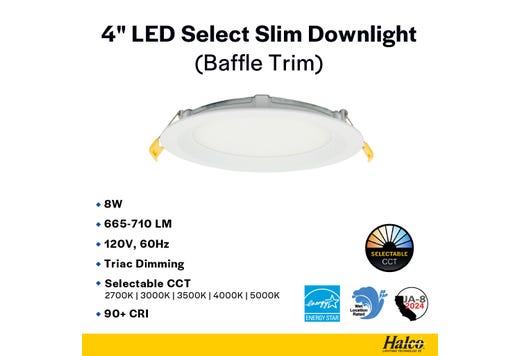 LED Select Slim Downlight 4in 8W Baffle Trim 665-710lm Color Selectable