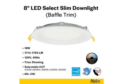 LED Select Slim Downlight 8in 18W Baffle Trim 1714-1765lm Color Selectable