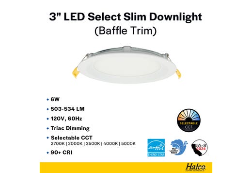 LED Select Slim Downlight 3in 6W Baffle Trim 500-534lm Color Selectable