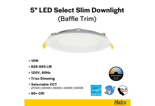 LED Select Slim Downlight 5in 10W Baffle Trim 826-865lm Color Selectable
