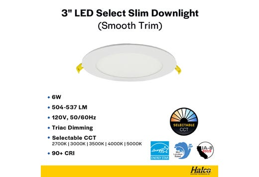 LED Select Slim Downlight 3in 6W Smooth Trim 2700K-5000K Color Selectable 504-537lm Dimmable JA-8
