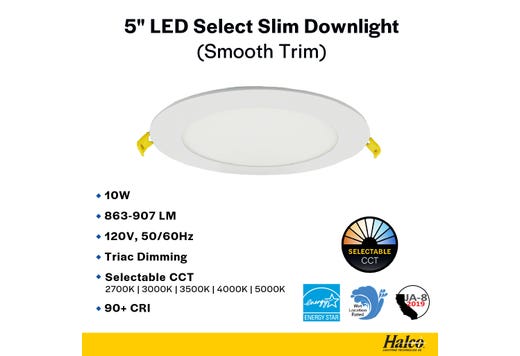 LED Select Slim Downlight 5in 10W Smooth Trim 2700K-5000K Color Selectable 863-907lm Dimmable JA-8