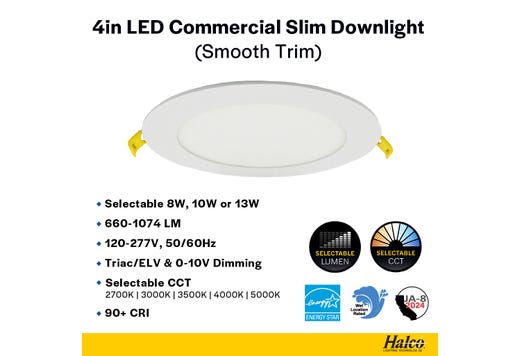 Commercial Slim Downlight 4in 13W Lumen Select 660-820-1075lm 2700-5000K Color Selectable Smooth Trim 120-277V Dimmable TRIAC-ELV & 0-10V