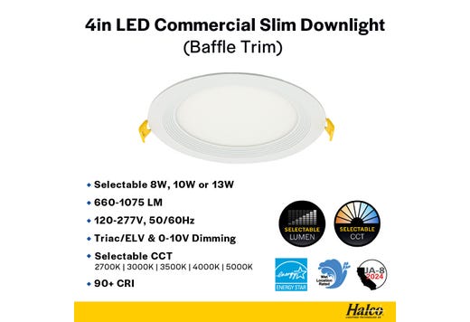 Commercial Slim Downlight 4in 13W Lumen Select 660-820-1075lm 2700-5000K Color Selectable Baffle Trim 120-277V Dimmable TRIAC-ELV & 0-10V