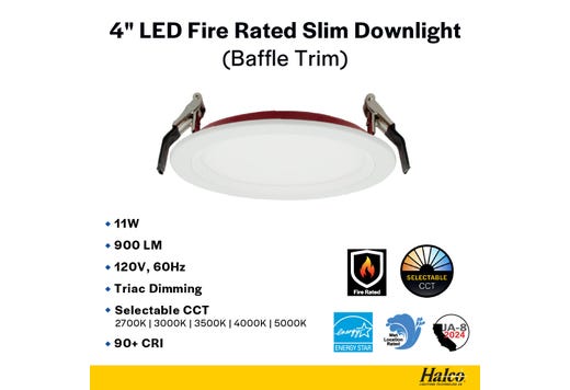LED Fire Rated 4in Slim Downlight Color Selectable 11W 900 Lumen Textured Baffle Trim 120V Triac Dimmable T24