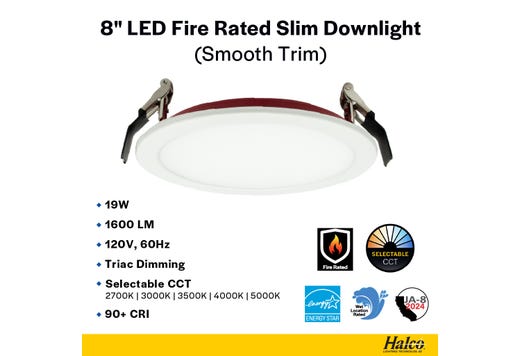 LED Fire Rated 8in Slim Downlight Color Selectable 19W 1600 Lumen Flat Smooth Trim 120V Triac Dimmable T24