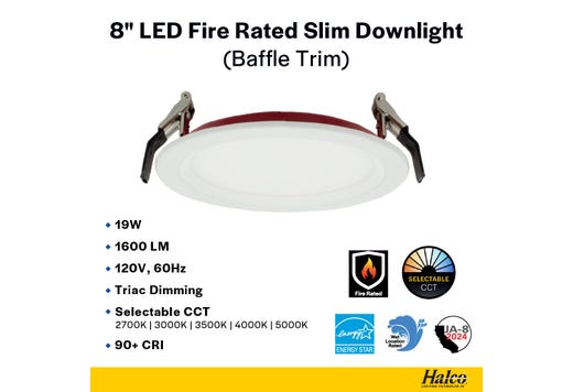 LED Fire Rated 8in Slim Downlight Color Selectable 19W 1600 Lumen Textured Baffle Trim 120V Triac Dimmable T24
