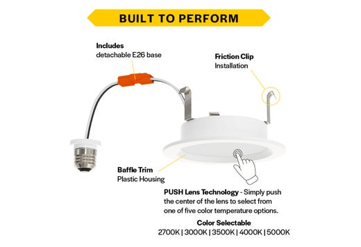 LED Retrofit Slim Downlight 4in Baffle Trim 8W 700 Lumen Push Lens for CCT Select 27/30/35/40/50 Triac Dim 90CRI 120V Friction Clips