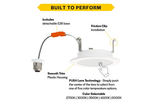 LED Retrofit Slim Downlight 4in Smooth Trim 8W 700 Lumen Push Lens for CCT Select 27/30/35/40/50 Triac Dim 90CRI 120V Friction Clips