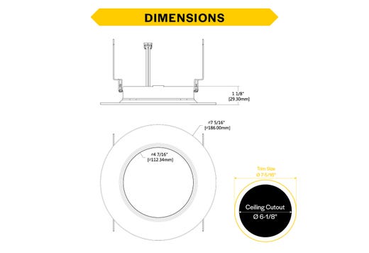 LED Retrofit Slim Downlight 6in Baffle Trim 10W 900 Lumen Push Lens for CCT Select 27/30/35/40/50 Triac Dim 90CRI 120V Torsion Spring