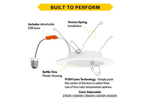 LED Retrofit Slim Downlight 6in Baffle Trim 10W 900 Lumen Push Lens for CCT Select 27/30/35/40/50 Triac Dim 90CRI 120V Torsion Spring