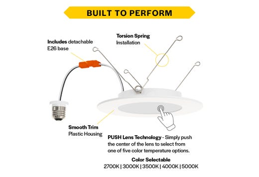 LED Retrofit Slim Downlight 6in Smooth Trim 10W 900 Lumen Push Lens for CCT Select 27/30/35/40/50 Triac Dim 90CRI 120V Torsion Spring