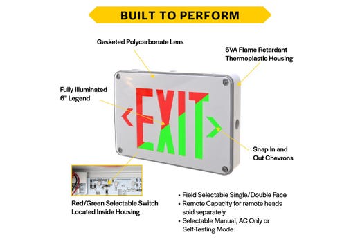 Emergence Series, Wet, Cold-Location, Exit Sign, White Housing, Field-Selectable Red or Green Legend with Field-Selectable Single/Double Face, Self-Diagnostics, Remote Capacity