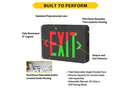 Emergence Series, Wet, Cold-Location, Exit Sign, Black Housing, Field-Selectable Red or Green Legend with Field-Selectable Single/Double Face, Self-Diagnostics, Remote Capacity