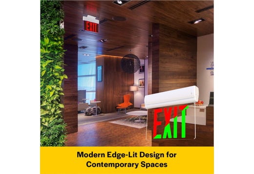 Emergence Series, Thermoplastic and Acrylic Edgelit Exit, Selectable Red/Green Legend, Selectable Single/Double Rotating Face, White Housing, Selectable Manual or Self-Diagnostics, Battery Backup, Universal Mounting