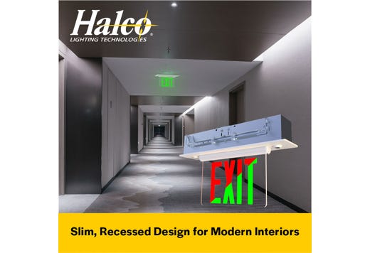Emergence Series, Thermoplastic and Acrylic Edgelit Combo, Selectable Red/Green Legend, Selectable Single/Double Rotating Face, White Housing, Selectable Manual or Self-Diagnostics, Recessed Mounting