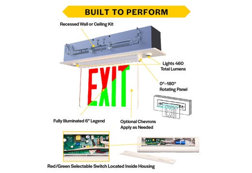 Emergence Series, Thermoplastic and Acrylic Edgelit Combo, Selectable Red/Green Legend, Selectable Single/Double Rotating Face, White Housing, Selectable Manual or Self-Diagnostics, Recessed Mounting