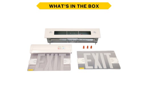 Emergence Series, Thermoplastic and Acrylic Edgelit Combo, Selectable Red/Green Legend, Selectable Single/Double Rotating Face, White Housing, Selectable Manual or Self-Diagnostics, Recessed Mounting