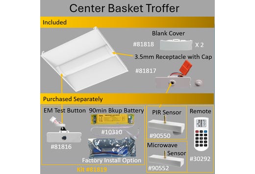 LED 2x4 Center Basket Troffer Controls Ready 3.5mm Receptacle Lumen & Color Selectable (4000-5000Lum 30-35-40W 3500K-4000K-5000K) UNV 120-277V 0-10V Dimmable