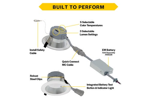 Commercial Retrofit Downlight, 6in, Emergency Battery Ready, Lumen and CCT Select, 120-277V, Dimmable TRIAC/ELV & 0-10V, Haze Reflector, White Flange