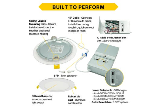 Commercial Slim Downlight 4in 13W Lumen Select 660-820-1075lm 2700-5000K Color Selectable Smooth Trim 120-277V Dimmable TRIAC-ELV & 0-10V